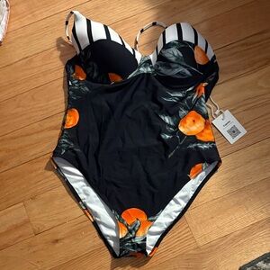 Cupshe Black One-Piece Swimsuit with Orange Fruit Print and Striped Cups